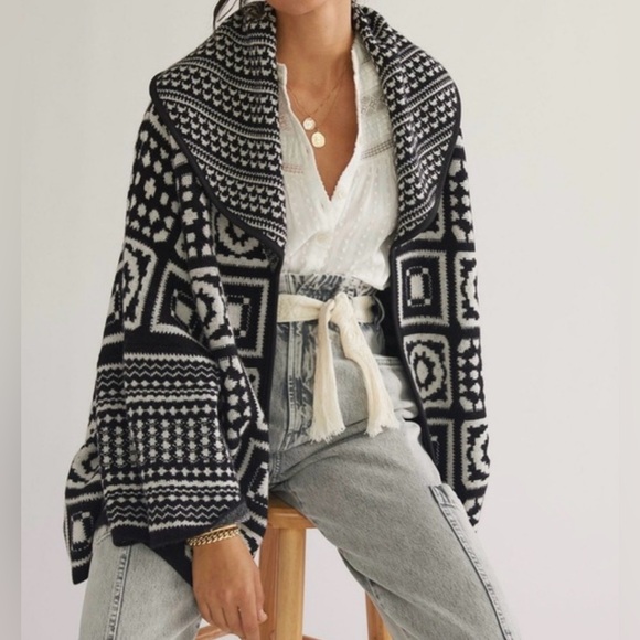 Maeve Sweaters - Maeve Anthropologie Square Patchwork Kimono Black & White Oversized Sweater XL